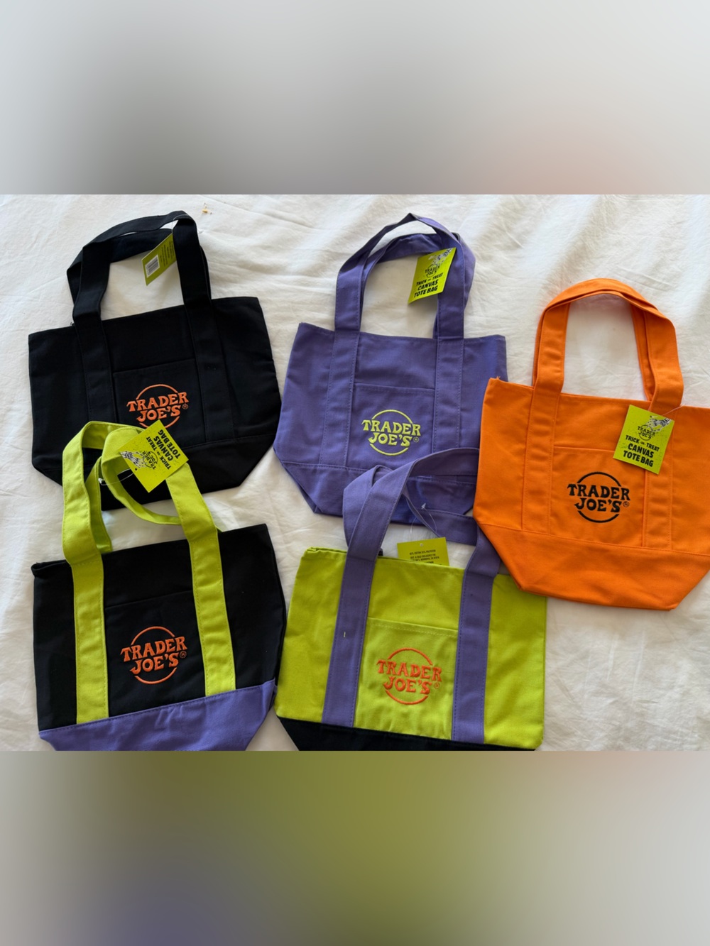 Trader Joe's Halloween Mini Canvas Tote Bag Set Of 5 orange black purple Lime